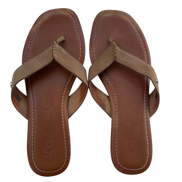 Ugg Brown Leather Tuolumne Sandal Flip-Flop Thong Size 9.5 Casual Comfy - Picture 1 of 9